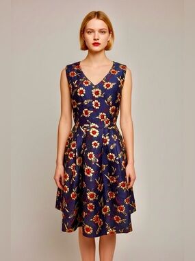 MaxMara Navy Floral Jacquard V-Neck Fit-and-Flare Dress